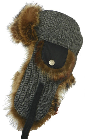 Harricana Recycled Raccoon Fur Wool Herrringbone Trooper Hat Deluxe Aviator